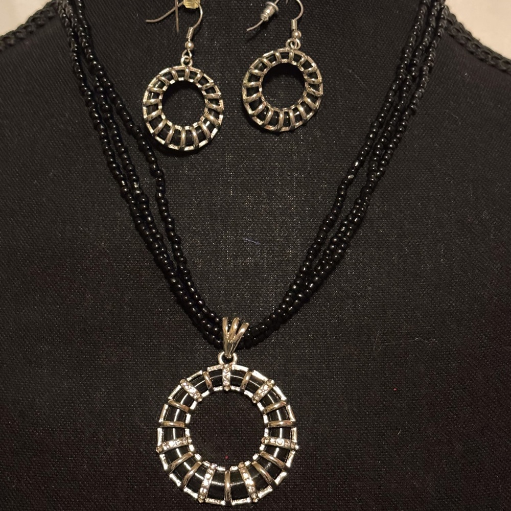 Silver and Black Beaded Necklace and Earring Set